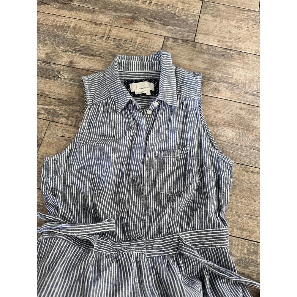 Anthropologie Women's Blue & White Railroad Stripe Collared Romper Size 4 - Picture 8 of 12